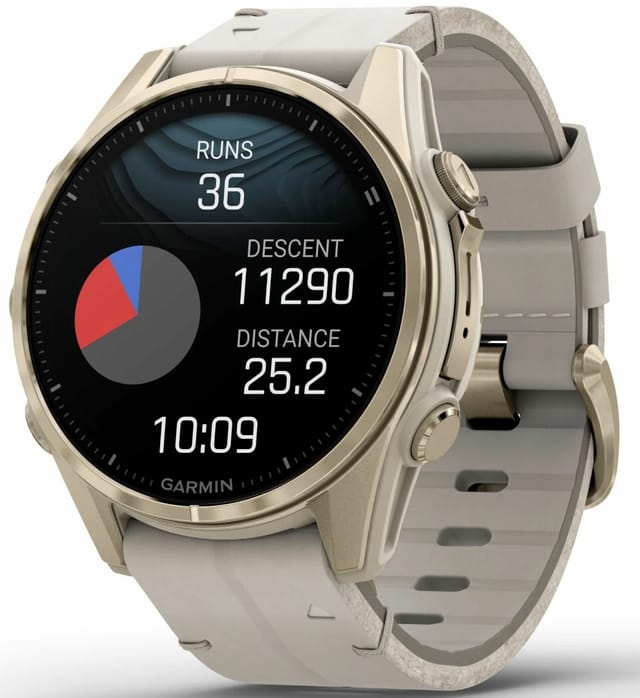 Товар Часы Garmin Fenix 8,43 мм, AMOLED, Sapphire soft gold with fog gray leather band + fog gray silicone band (010-02903-40)