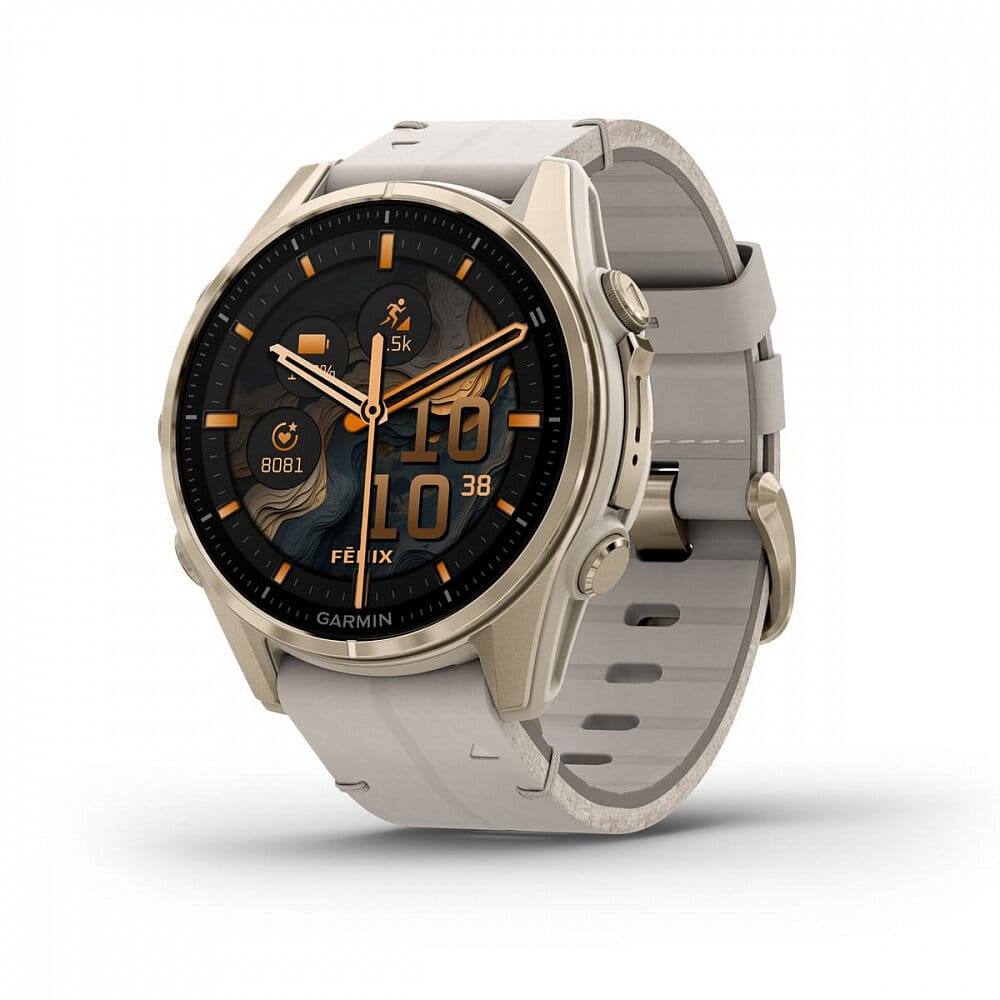Товар Часы Garmin Fenix 8,43 мм, AMOLED, Sapphire soft gold with fog gray leather band + fog gray silicone band (010-02903-40)