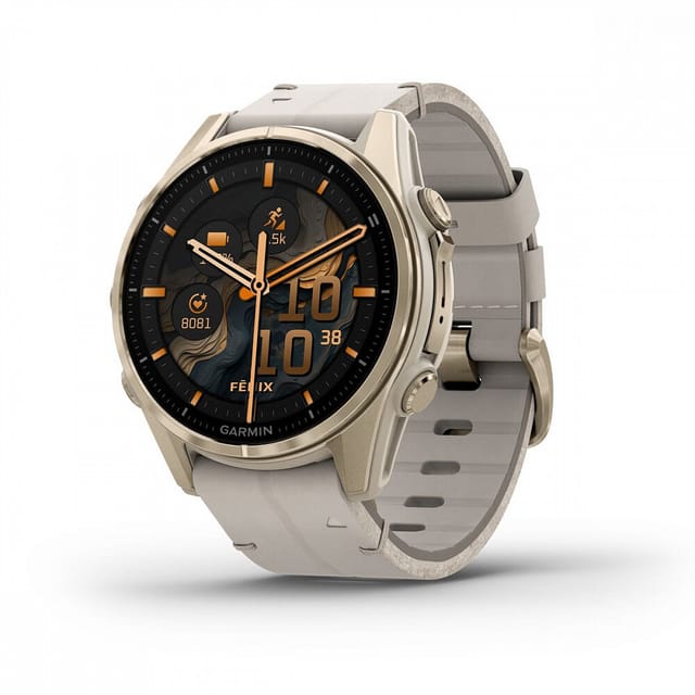 Товар Часы Garmin Fenix 8,43 мм, AMOLED, Sapphire soft gold with fog gray leather band + fog gray silicone band (010-02903-40)