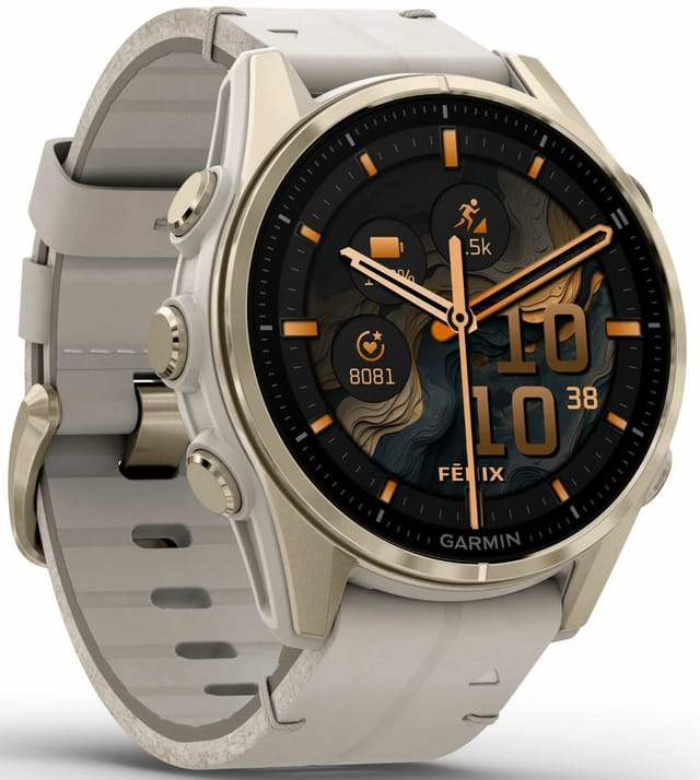 Товар Часы Garmin Fenix 8,43 мм, AMOLED, Sapphire soft gold with fog gray leather band + fog gray silicone band (010-02903-40)